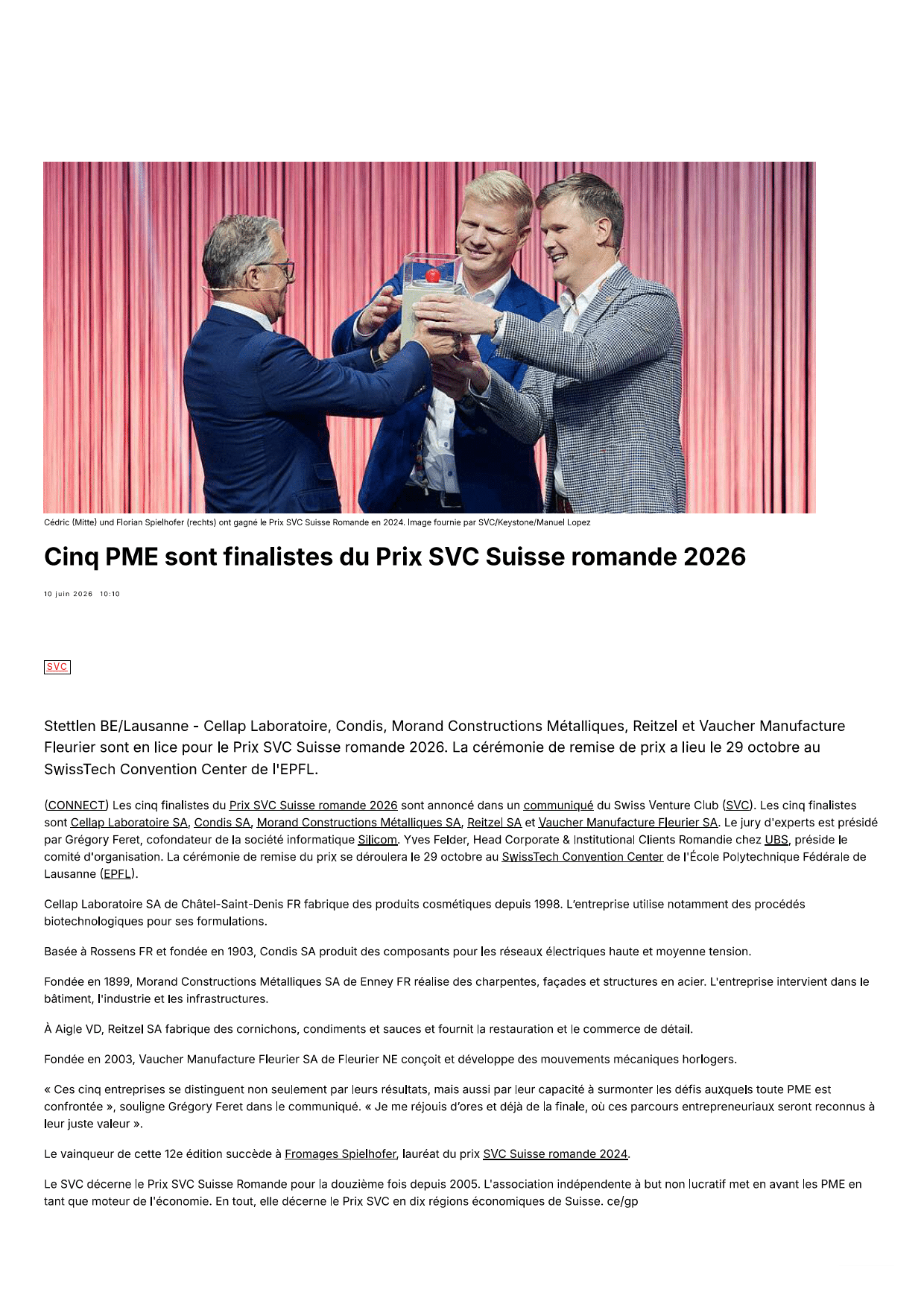 Cinq PME sont finalistes du Prix SVC Suisse romande 2026